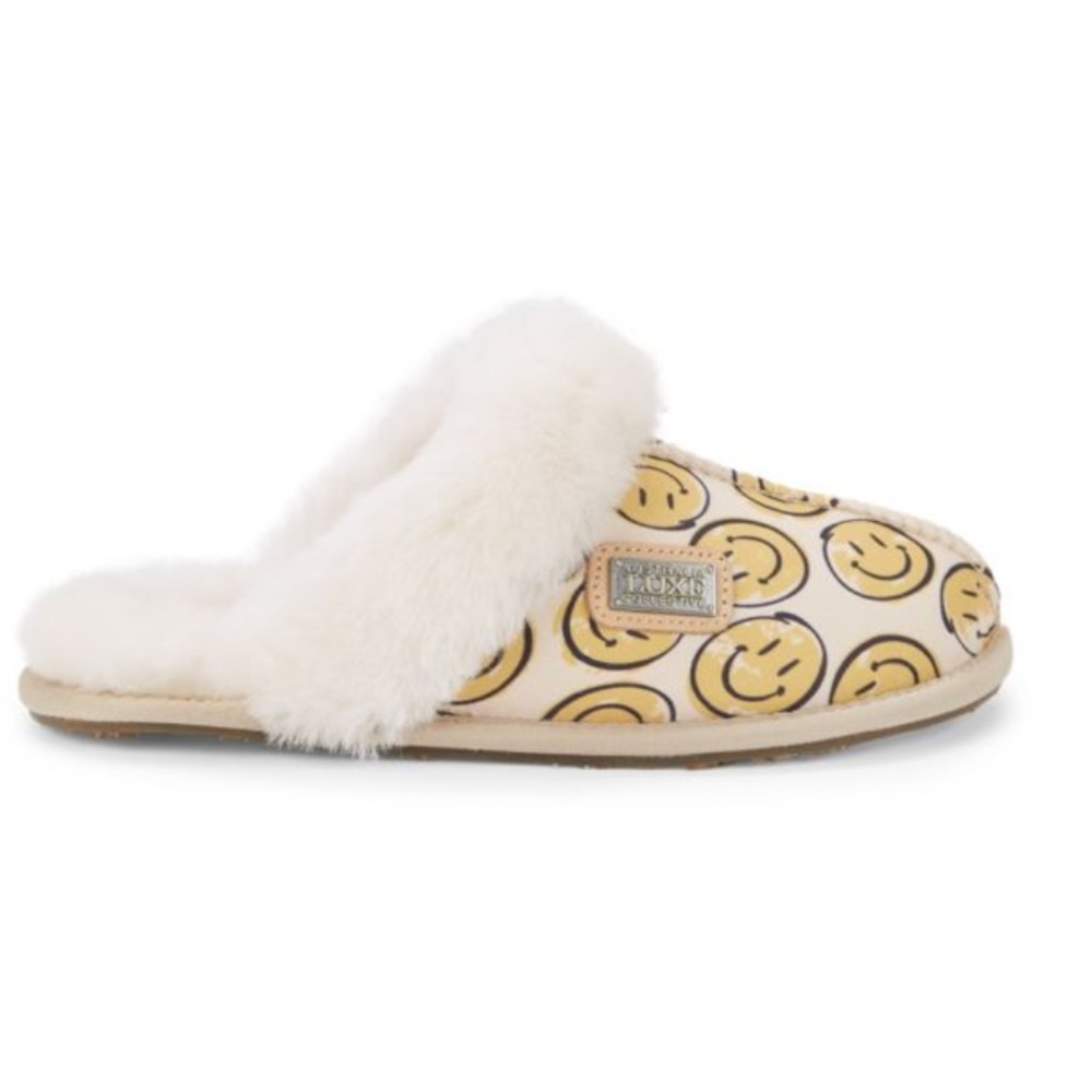 Australia Luxe Collective Sheep Fur Happy Face Closed Toe Mule Leather Slippers - Picture 10 of 10